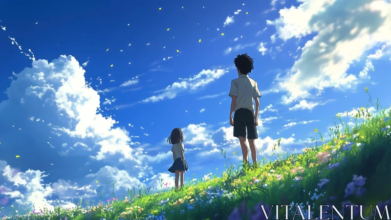 Two children stand on a sunlit flower field under vivid sky