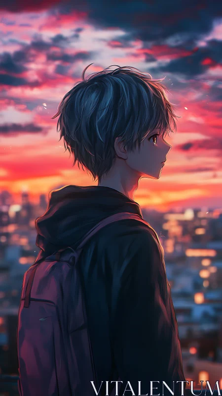 Boy on twilight rooftop under neon-lit city sunset sky.