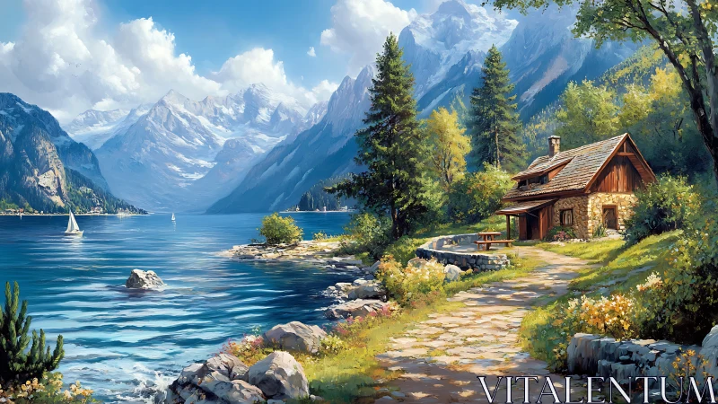 Lakeside mountain cabin overlooks shimmering blue water peacefully.