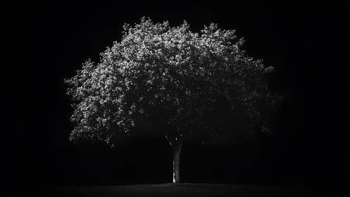Solitary deciduous tree in monochrome against dark background.