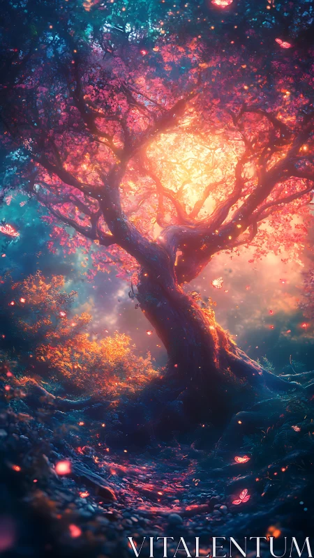 Bioluminescent fantasy tree with radiant core and drifting particles