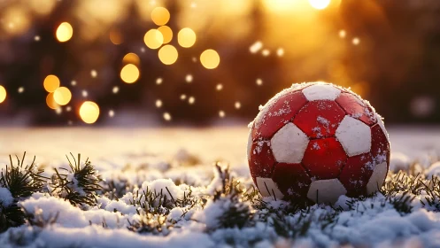 Snowy red soccer ball glowing in gentle winter sunset light.