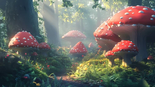 Sunlit forest path lined with giant red toadstool homes.