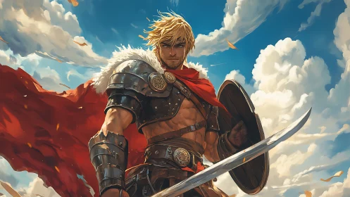 Armored blond warrior with sword and shield under sky.