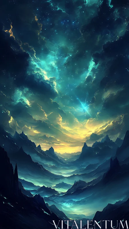 Celestial valley beneath luminous teal cosmic storm.