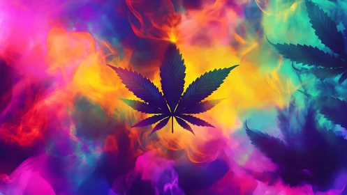 Cannabis leaf silhouette over vivid multicolor smoke field.
