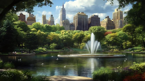 City skyline rises beyond park lake and central fountain view