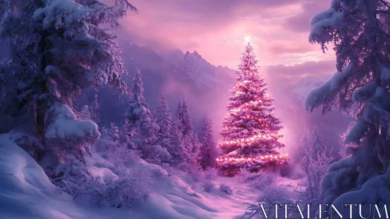 Luminescent Christmas fir in violet alpine snowglow.