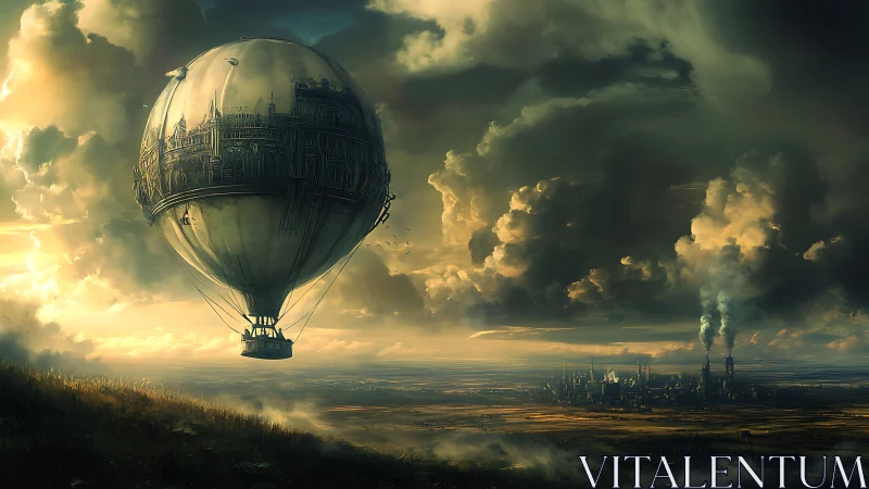 Spherical skyship drifts from smogbound city into stormlight.