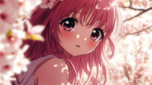Anime portrait under soft-focus cherry blossom canopy.