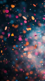 Colorful confetti particles floating on dark blurred background.