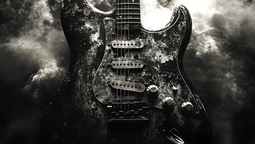 Worn electric guitar body in dramatic smoky closeup view.