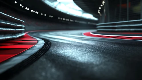 Wet racetrack corner curves under bright stadium lights