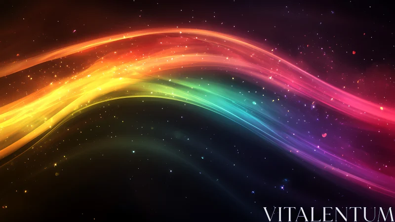 Curved multicolor light bands over dark space backdrop.