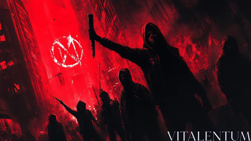 Hooded insurgents in crimson dystopian city blaze at night.