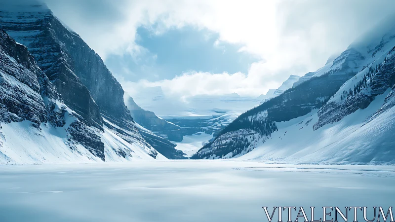 Glaciated alpine valley with frozen lake under diffuse winter light.