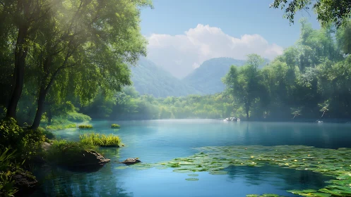 Tranquil forest lake reflects misty mountains in soft daylight
