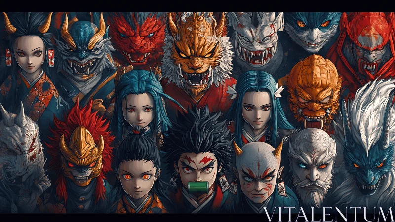 Symmetrical anime demon roster in high-contrast character grid.