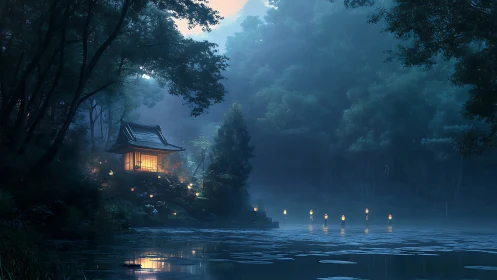 Lantern hymn over misty lake beside a dreaming shrine.