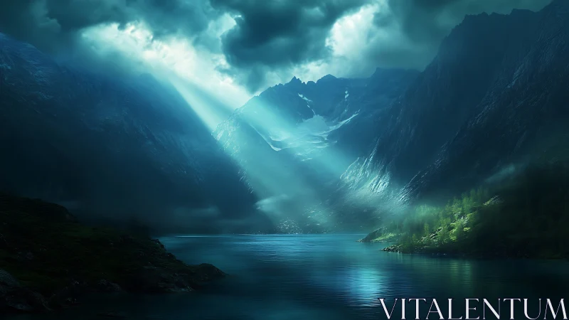 Mystic mountain fjord bathed in quiet stormlight glow.