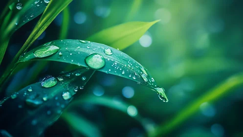 Close-up view of green leaves with water droplets after rain.