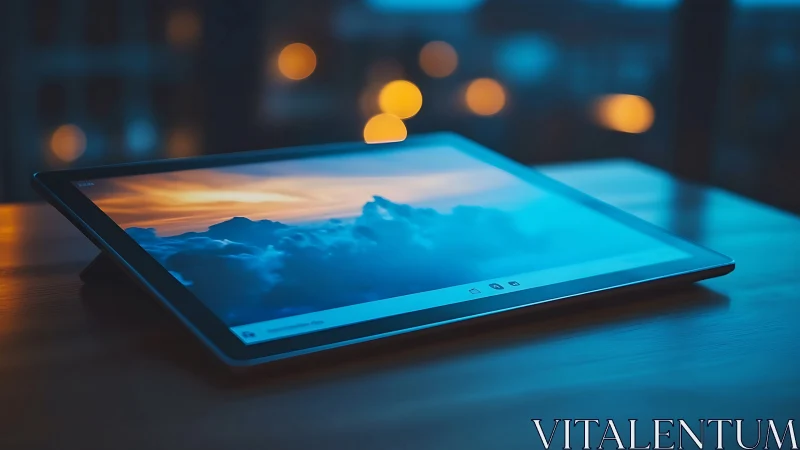 Edge-lit tablet on desk displays high-contrast cloudscape wallpaper