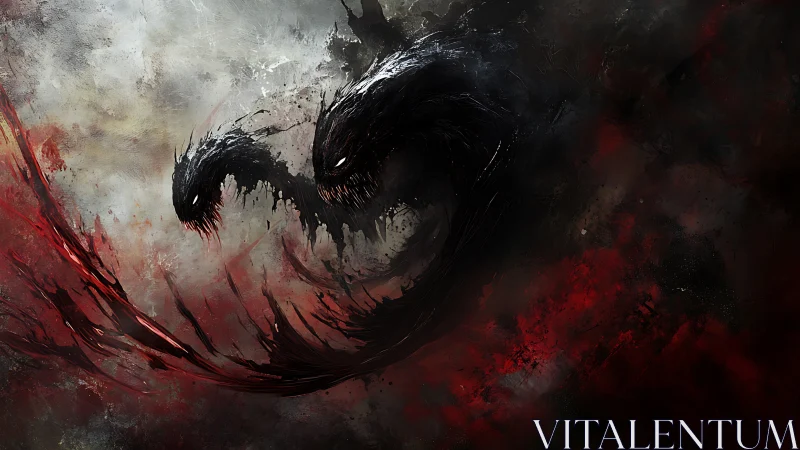 Abstract shadow creatures surge through blood-red vortex