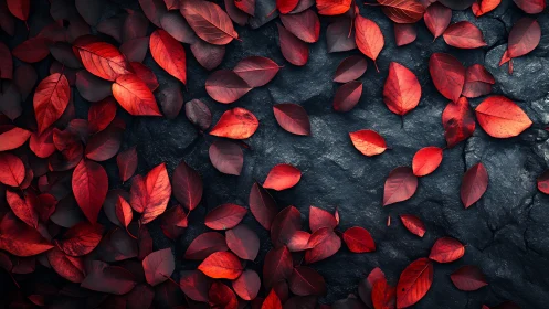Crimson autumn leaves scattered over dark stone ground.