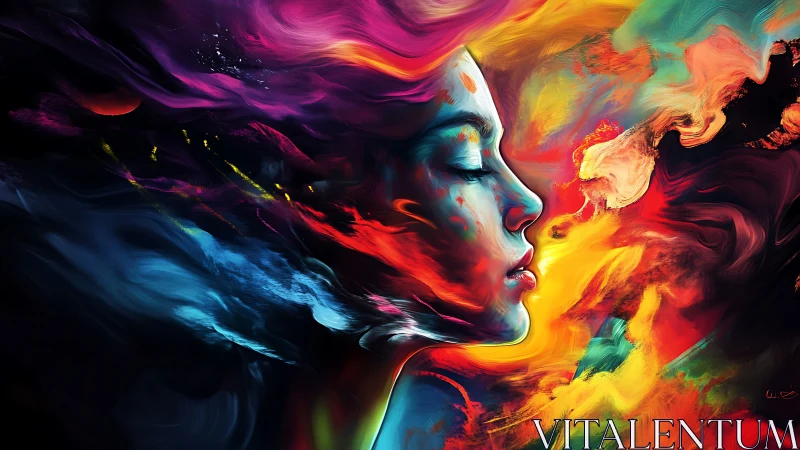 Vivid chromatic portrait as swirling dreamscape of color.