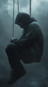 Quiet hooded figure sits alone on a swing in heavy mist