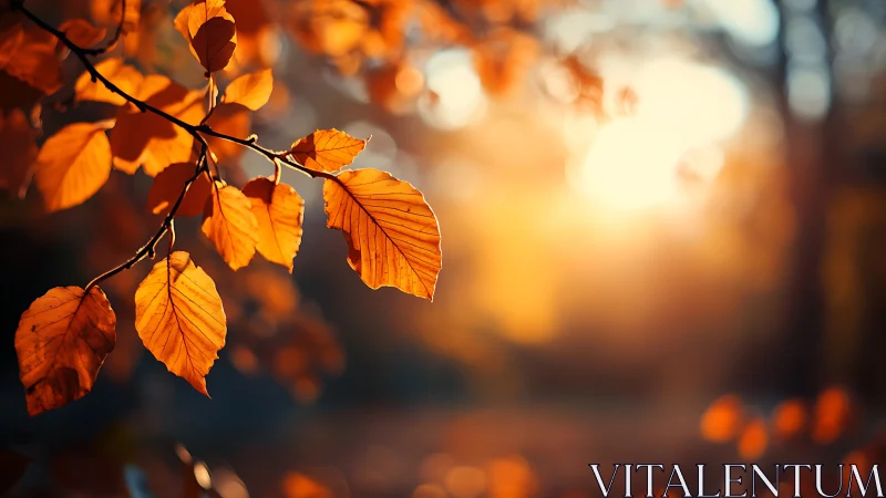 Backlit autumn foliage with shallow depth-of-field rendering.