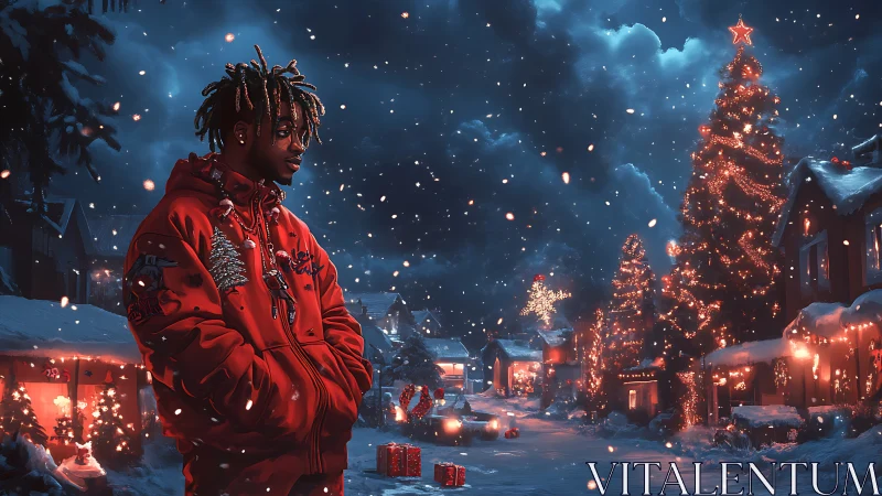 Young man in red hoodie walks through glowing winter town.