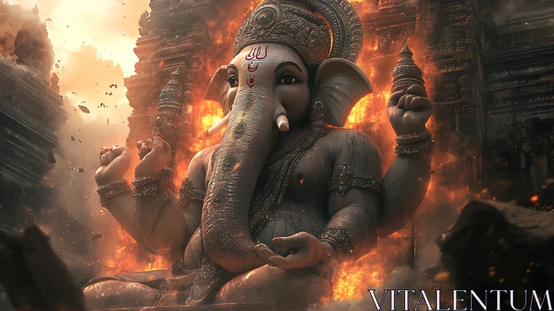 Majestic elephant-headed deity amid swirling temple flames.