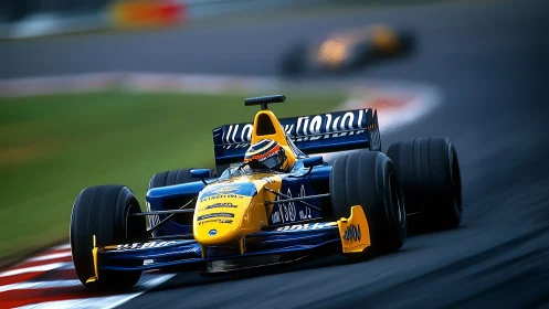 Blue bullet racer knifes through a neon-edged apex.