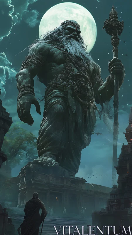 Colossal moonlit guardian deity towers over ancient temple