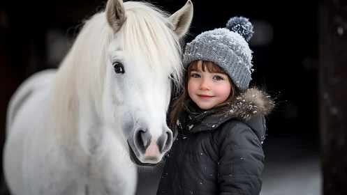 Snow-kissed friendship glows between child and white horse