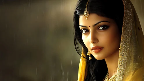 Golden shawl frames a calm, rainlit South Asian portrait