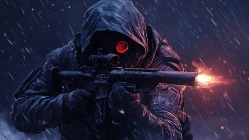 Tactical Sniper Stands Ready in the Storm