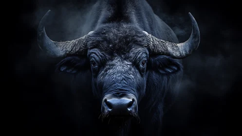 Low-key frontal buffalo portrait with high-contrast rim lighting