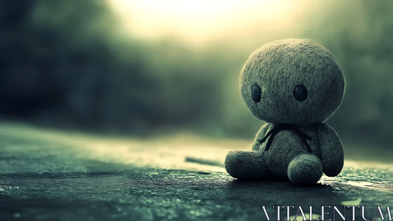 Lonely plush toy rests on a wet road in soft green light