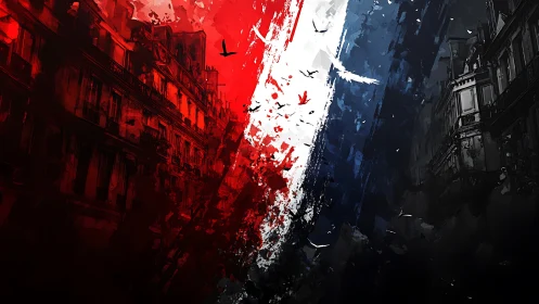 French tricolor splits dramatic cityscape in vivid strokes.