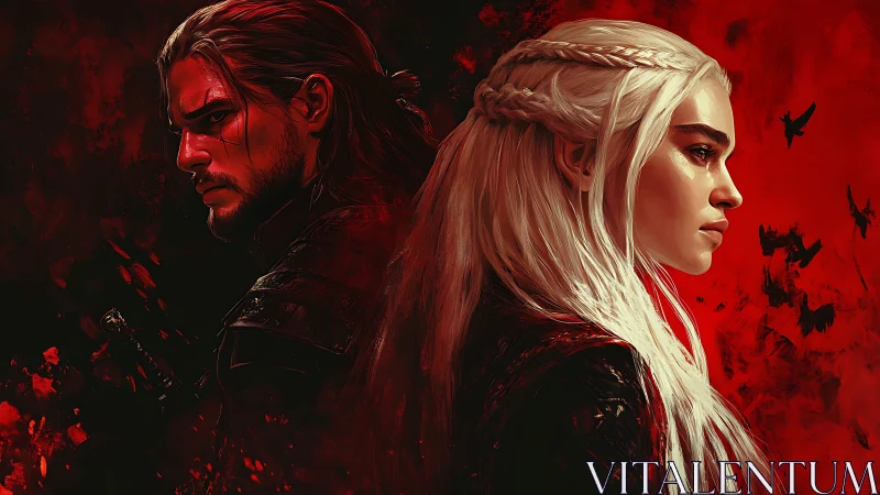 Back-to-back fantasy warriors stand in red dramatic light