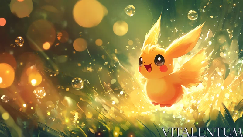 Luminous electric creature in glowing meadow bokeh environment