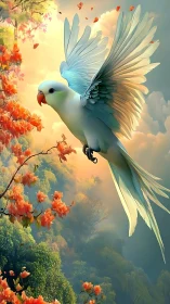 Blue and white parrot in flight over soft forest valley.