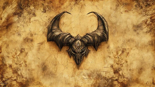 Demonic bat skull emblem with baroque wings on aged plaster wall
