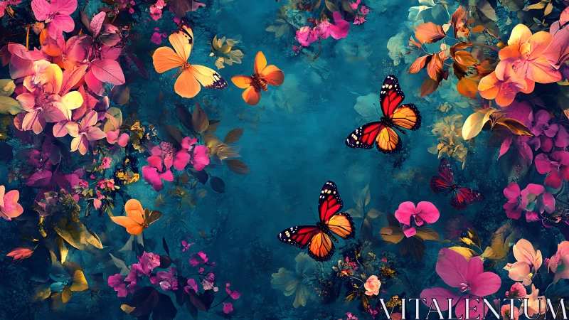 Butterflies drift through vivid floral fantasy garden.