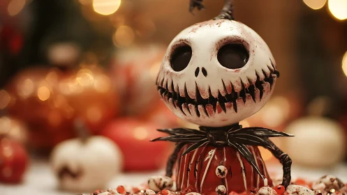 Macabre pumpkin-headed figurine rendered in shallow focus bokeh