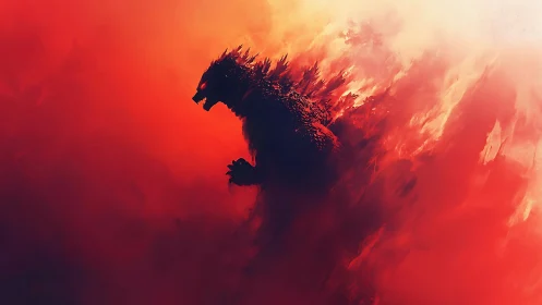 Fiery kaiju silhouette rising through swirling scarlet mist.