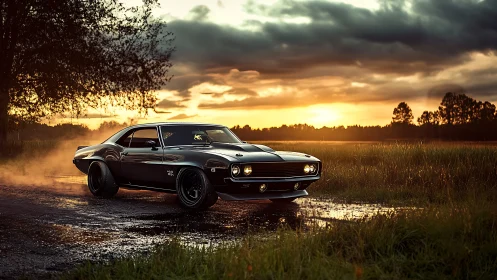 Sunset drive with a sleek black muscle car on wet roads.