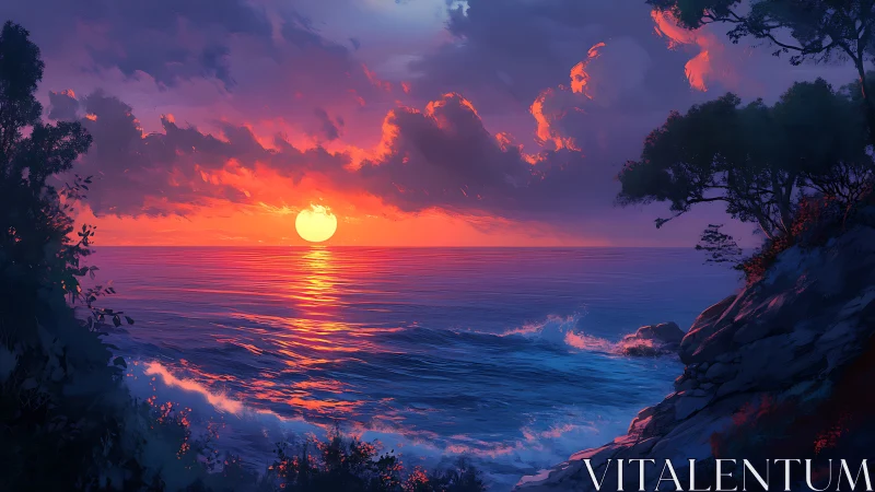 Radiant sunset seascape framed by silhouetted coastal cliffs.